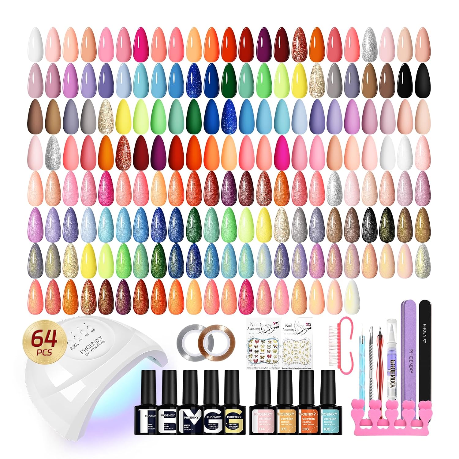 Gel Nail Polish Kit with U V Light, 45 Colors All Seasons Soak Off 64 Pcs Gel Polish Nail Set with Base & Matte/Glossy/Glitter Top Coat Manicure Tools Complete Gel Nail Kit Gift for Women