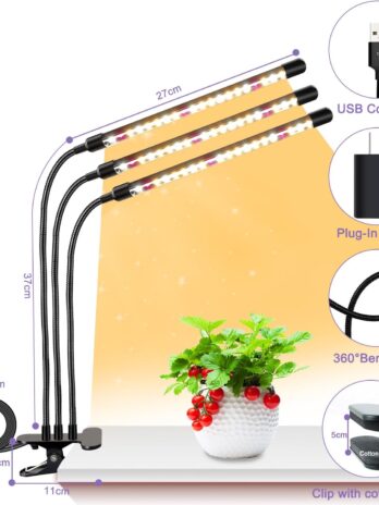 Grow Lights for Indoor Plants, Full Spectrum Tri-Head Clip Plant Lights 240 LEDs Clamp Grow Lamp for Plants Growing,3 Spectra, Auto ON & Off,3/9/12H Timer,10 Brightness,Flexible Gooseneck,2 Pack