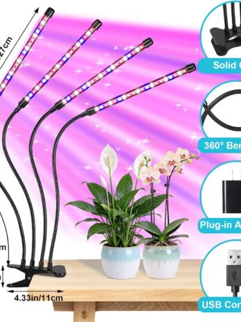 Indoor Plant Grow Light, Full Spectrum Clip Plant Lamp, 40 LED Beads with Red, Blue, White Light, Plant Growing Light with Gooseneck, 4/8/12/18H Timer, 10 Brightness Levels, 3 Lighting Modes, 4 Head