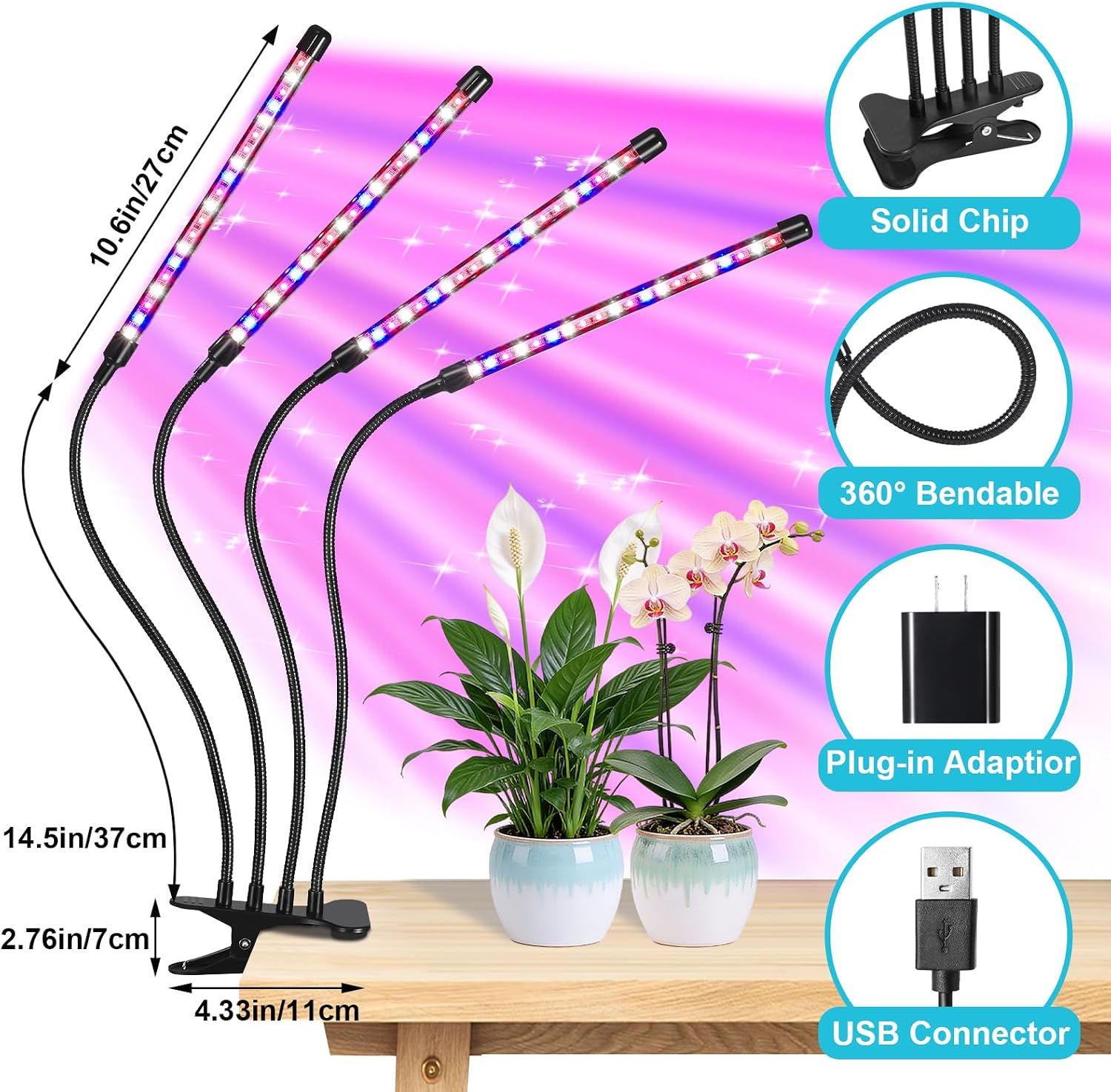 Indoor Plant Grow Light, Full Spectrum Clip Plant Lamp, 40 LED Beads with Red, Blue, White Light, Plant Growing Light with Gooseneck, 4/8/12/18H Timer, 10 Brightness Levels, 3 Lighting Modes, 4 Head - Image 2