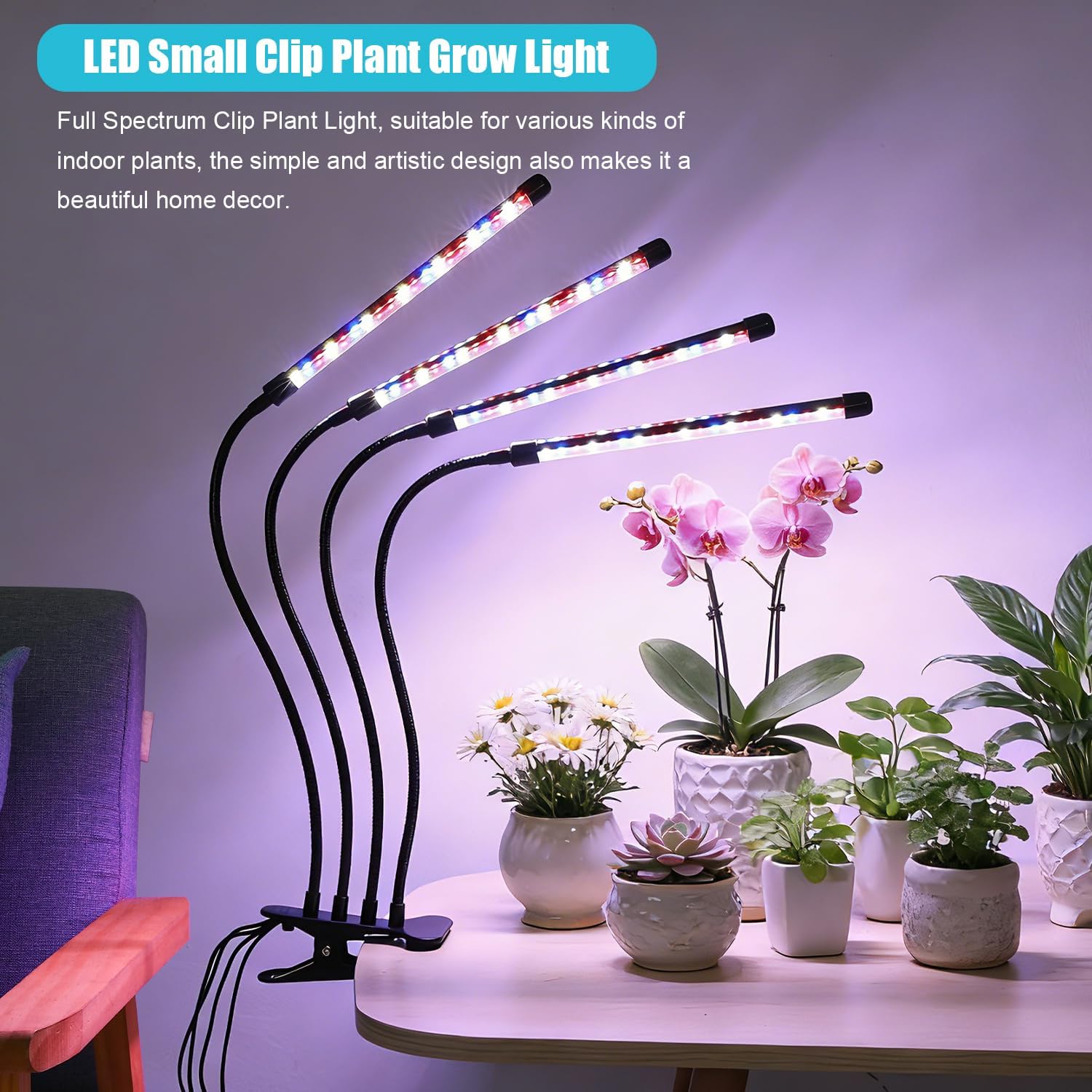 Indoor Plant Grow Light, Full Spectrum Clip Plant Lamp, 40 LED Beads with Red, Blue, White Light, Plant Growing Light with Gooseneck, 4/8/12/18H Timer, 10 Brightness Levels, 3 Lighting Modes, 4 Head - Image 7