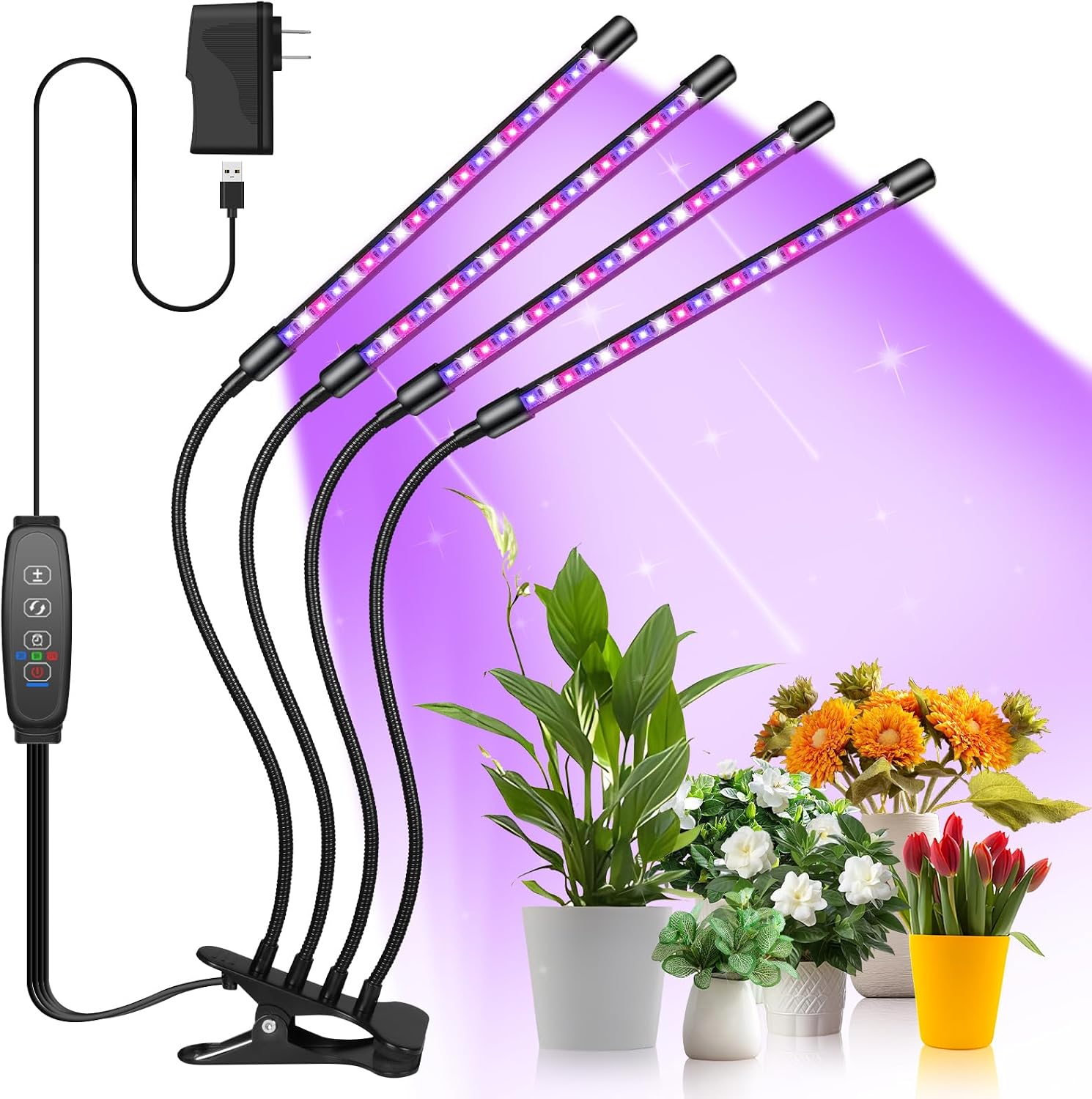 Grow Lights for Indoor Plants Full Spectrum, 80 LEDs Plant Lights for Indoor Growing with 3/9/12H Timer, 3 Color Modes & 9 Brightness, 4 Heads Clip-On Plant Grow Light