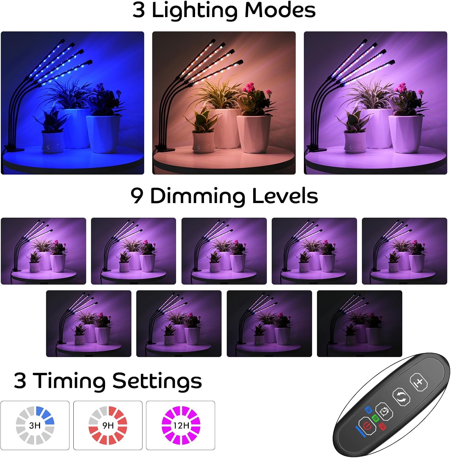 Grow Lights for Indoor Plants Full Spectrum, 80 LEDs Plant Lights for Indoor Growing with 3/9/12H Timer, 3 Color Modes & 9 Brightness, 4 Heads Clip-On Plant Grow Light - Image 2