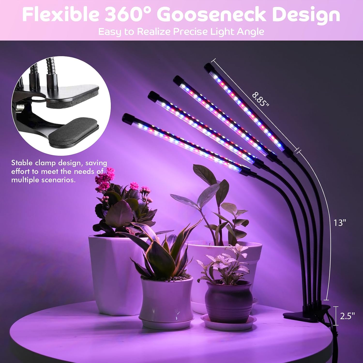 Grow Lights for Indoor Plants Full Spectrum, 80 LEDs Plant Lights for Indoor Growing with 3/9/12H Timer, 3 Color Modes & 9 Brightness, 4 Heads Clip-On Plant Grow Light - Image 5